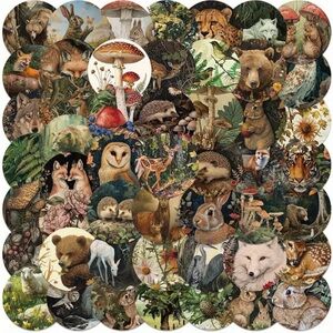 Woodland Forest Animals Stickers Set of 50 Fox Bear Owl Deer Flowers Mushrooms